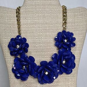 Blue Flower Statement Necklace, Individual Faceted Petals, Rhinestones, Goldtone